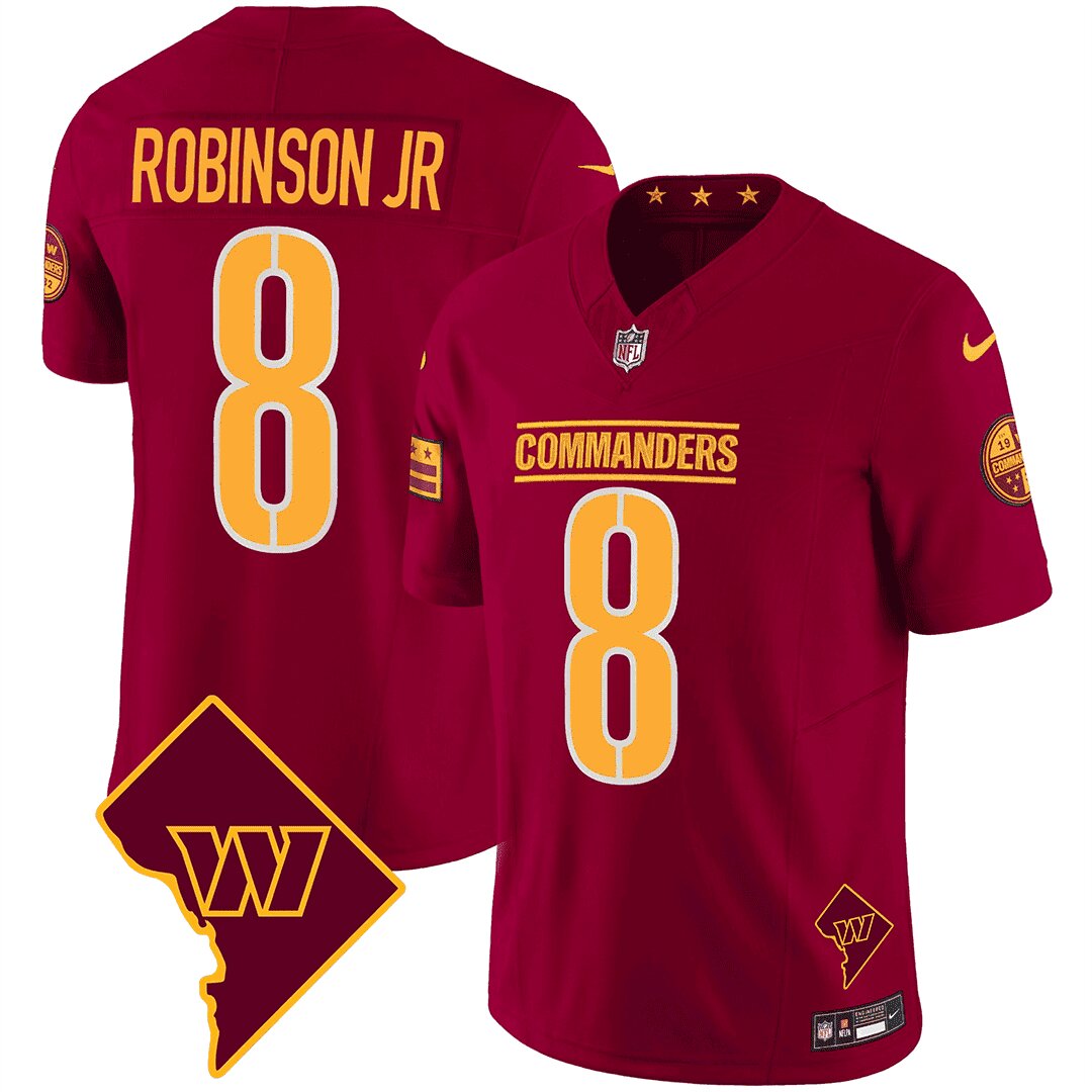 Men Washington Commanders 8 Robinson jr Red DC Map Patch 2024 Nike Vapor Limited NFL Jersey style 1